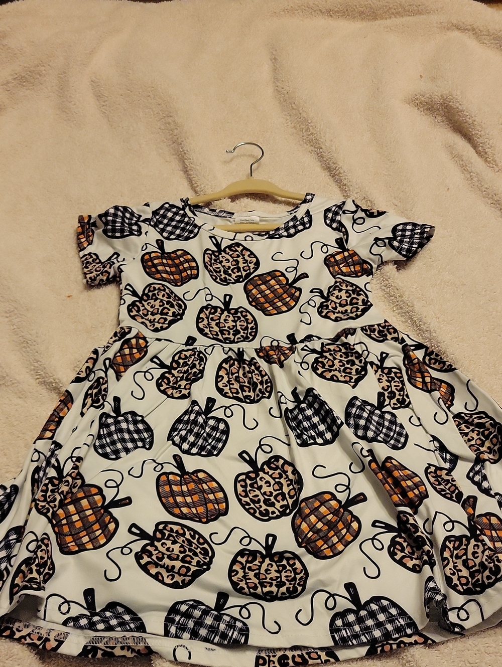 Girls White Pumpkin Print Dress with Orange & Black Accents